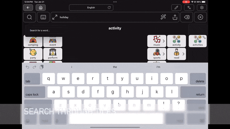 Animated walkthrough of searching through tiles in the React Native mobile app