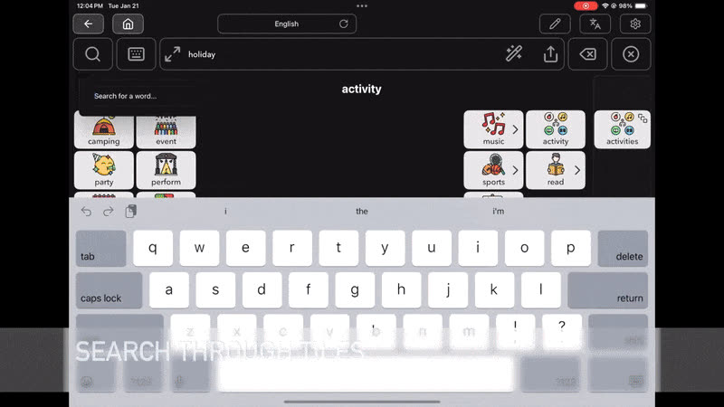 Animated walkthrough of searching through tiles in the React Native mobile app